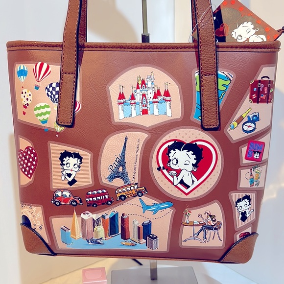NWT BettyBoop Map Shoulder Bag with Lipstick Mirror & Bicycle/Eiffel Tower Chain - Picture 3 of 11